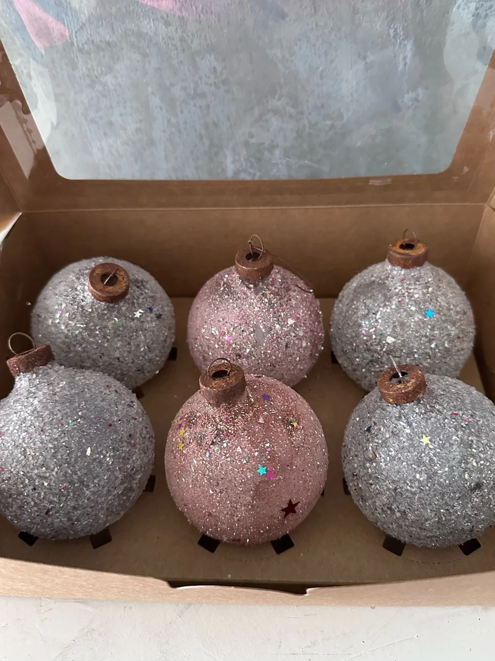 Vintage Glitter Mica Ornaments Box Of 6